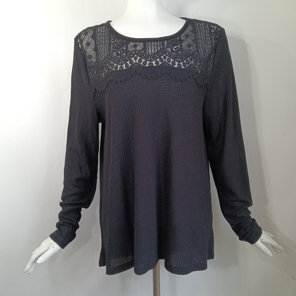 Lucky Brand XL High Low Tunic Top Black Lightweight Waffle Thermal Upper Lace